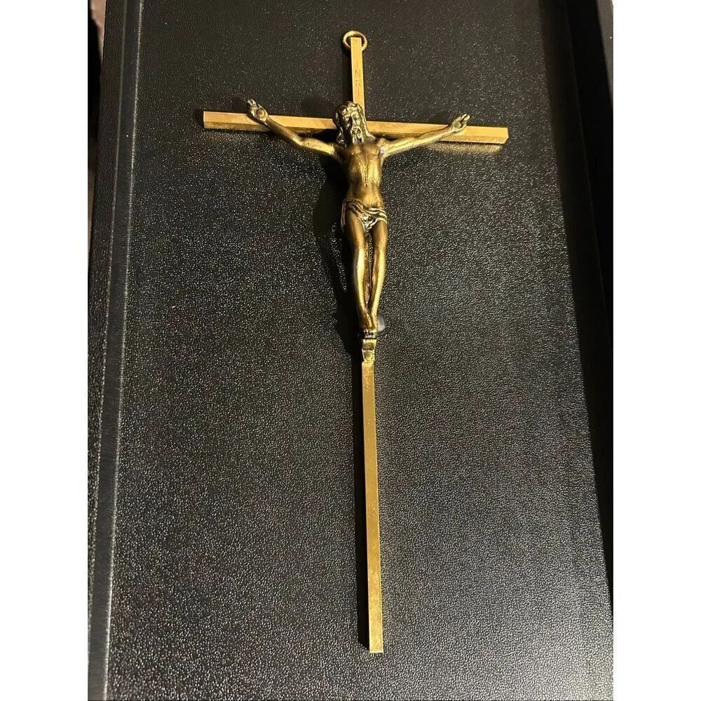 Vintage Slim Brass Metal Wall Crucifix 10" INRI Bronze Tone Corpus Mid-Century